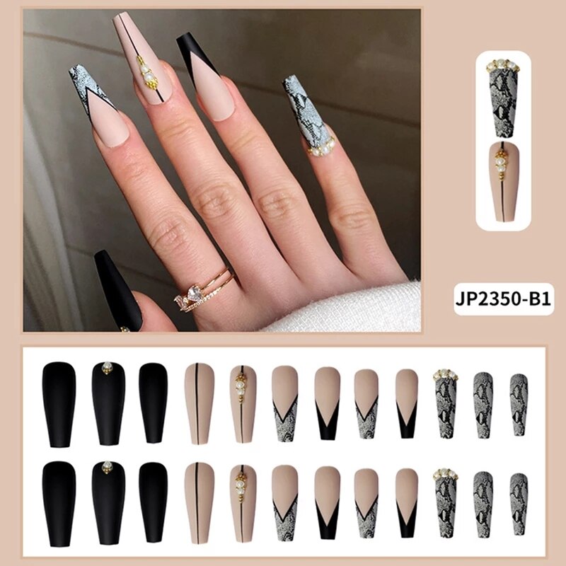 24PCS Stick On Nail Long Black Press On Nails Cute Pearl Design Dark Style Ballet Fake Nails Designer Press On Nails