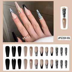 24PCS Stick On Nail Long Black Press On Nails Cute Pearl Design Dark Style Ballet Fake Nails Designer Press On Nails