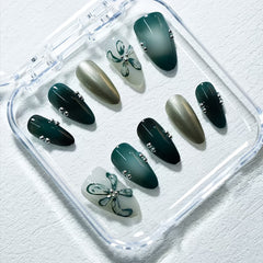 YICKYUE  -  Y2K Handmade Press On Nails 10pcs Set - Almond Shaped, Short, Glossy, Mixed Color with 3D Floral & Rhinestone, Includes Jelly Glue & Nail File