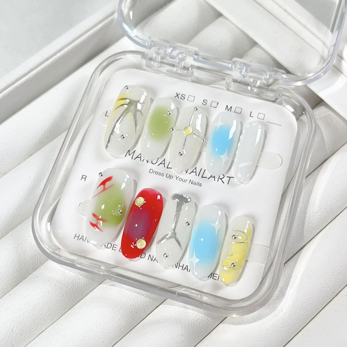 YICKYUE  -  10Pcs Almond Handmade Press On Nails Fake Nail Full Cover Metallic Glitter Spice Girl French Design Manicure False Nails