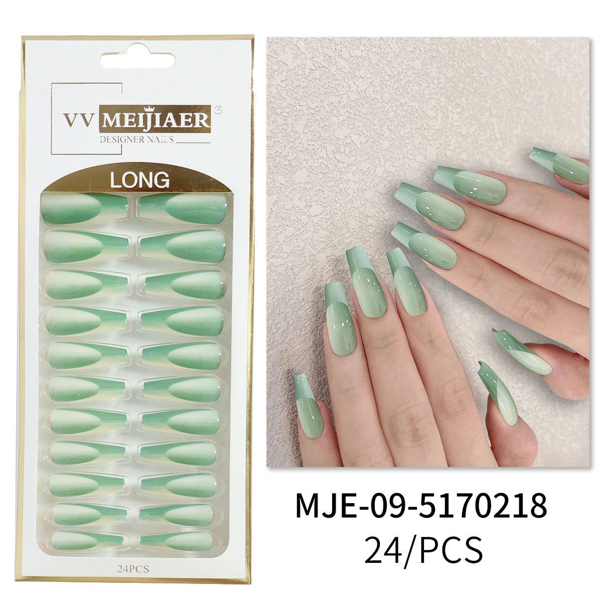 YICKYUE  -  24pcs French False Nail Shiny Powder Design Long Pointed Fake Nail Tips for Women Wearable Full Cover Glitter Press on Nails