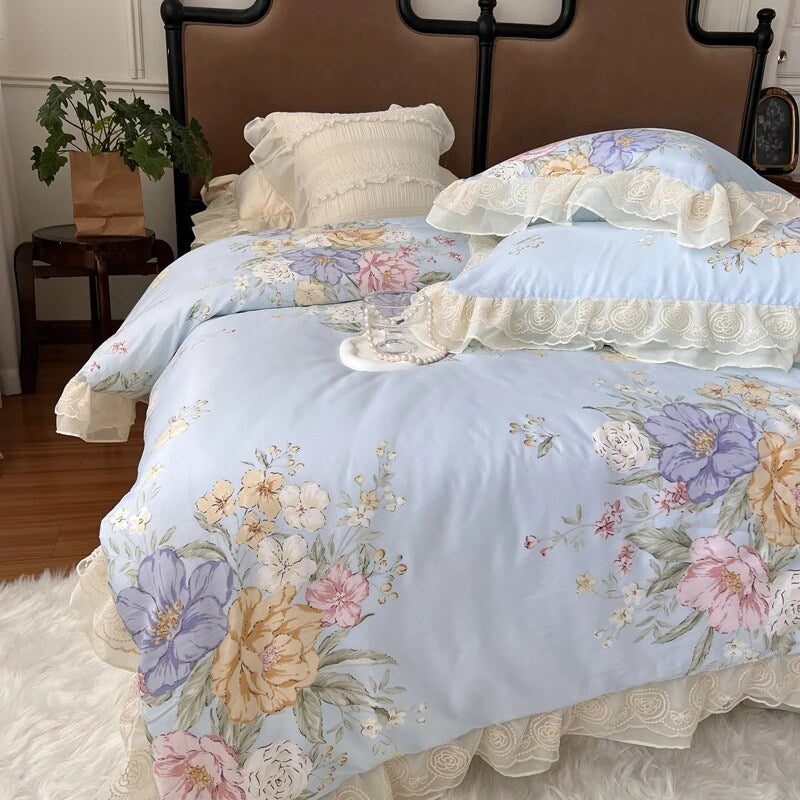 YICKYUE  -  100% Cotton Vintage French Pastoral Style Rose Flowers Double Layer Lace Ruffles Bedding Set Duvet Cover Bed Skirt Pillowcases
