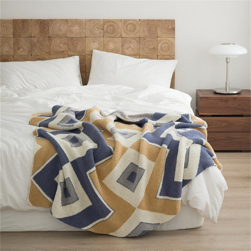 YICKYUE  -  Nordic Ins Style Half Side Velvet Bedroom Knitted Geometric Pattern Blanket Modern Simple Multifunctional Sofa Cover Blanket