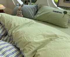 YICKYUE  -  Cute embroidery cat stripes bedding set single double,twin full queen king cotton home textile bed sheet pillowcase quilt cover