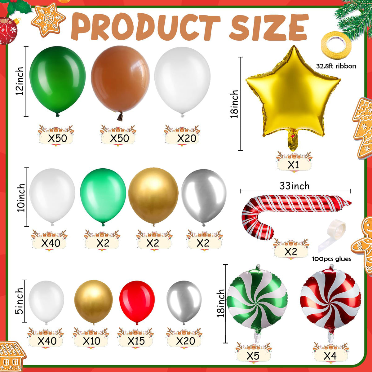 YICKYUE  -  265PCS Balloon Garland Arch Kit Christmas Tree Gingerbread House Red Green Cane Candy Balloon for Xmas New Year Party Decoration