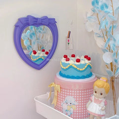 Yickyue Girl Bow Heart-shaped Mirror Desktop Decoration Wall Mirror Dual-purpose Vanity Mirror Room Decoration Mirror
