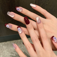 YICKYUE  -  10Pcs Handmade French Short Press On Nails Shiny Cat's Eye 3D Hand-carved Flower Design Fake Nail Wearable False Nail Tips