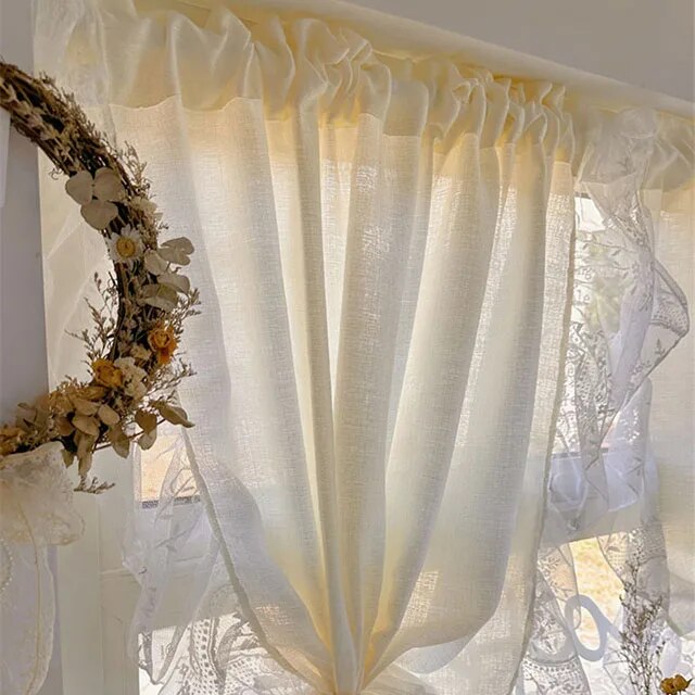 Yickyue French Cream Style Ruffled Lace Tulle Curtains Light Yellow Romantic Short Sheer Curtain For Living Room Bedroom Glass Door
