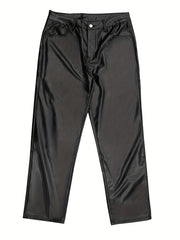 Hearujoy [Loose Fit Faux Leather Pants] Men'S Casual Chic Faux Leather Pants, Street Style Straight Leg Trousers, Loose Fit with Pockets, Solid Color, Polyester 55%, Polyurethane 45%, Non-Stretch Fabric, Spring/Fall C