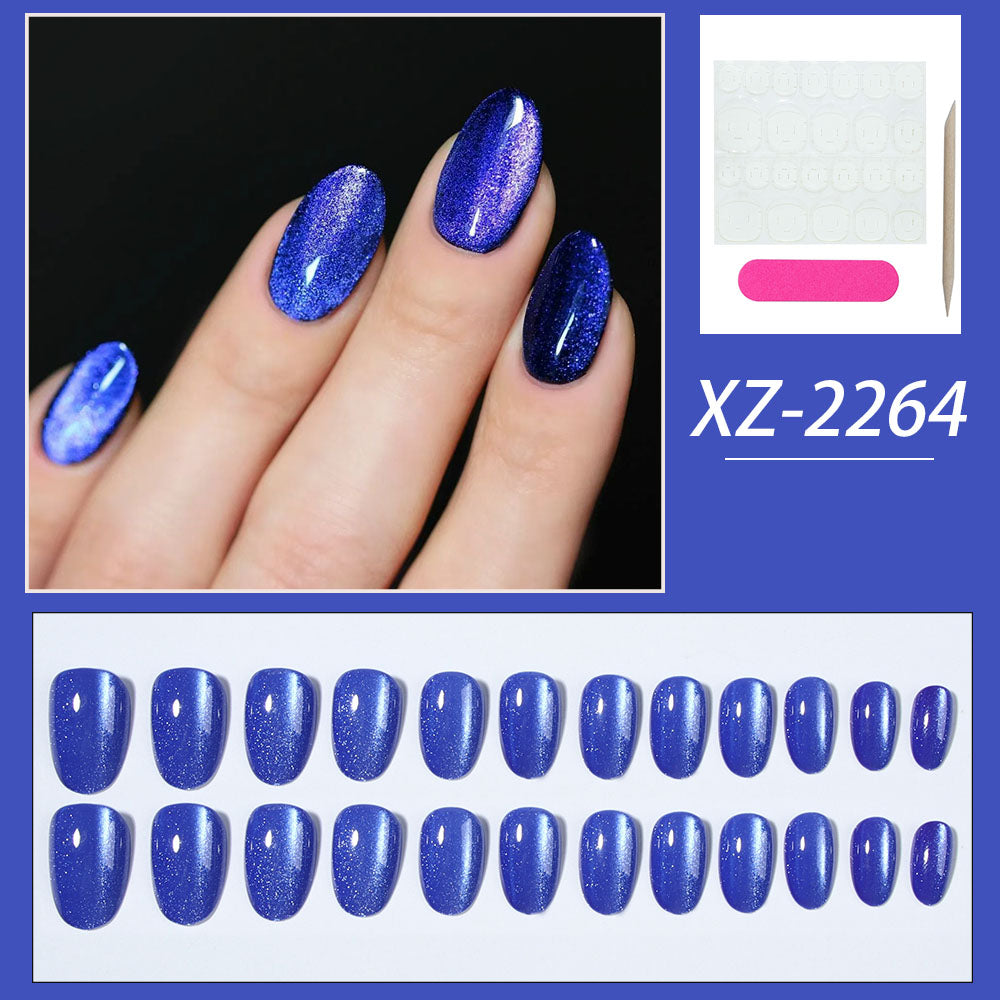 YICKYUE  -  24pcs short oval fake nails, aquamarine blasheite cat eye design fake nails, full cover fake nails, press fake nails, suitable f