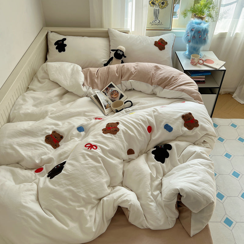 YICKYUE  -  Washed Cotton Soft Bedding Set Cute Cartoon Duvet Cover Bedclothes Bedspread Pillowcases Flat Sheets Comforter Sets for Girls