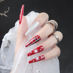 24Pc/Boxed Christmas Wearing Reusable False Nails Snowflake Silver Glitter Long Ballet Fake Nails Full Cover Artificial Nail Art