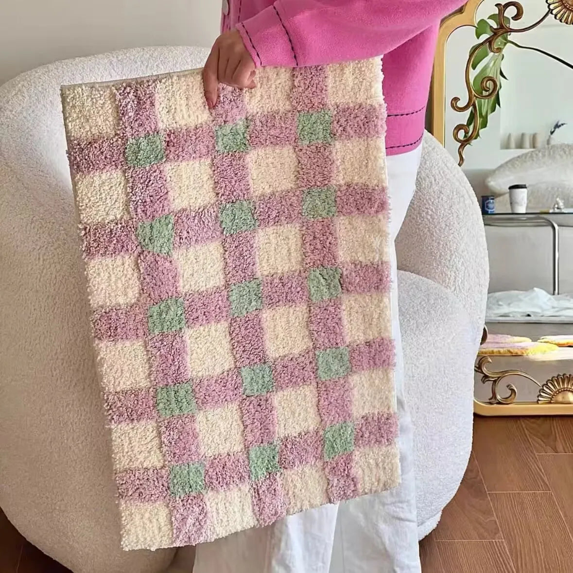 Long Tufted Grids Living Room Carpet Bathmat Bedside Rug Soft Bedroom Cloakroom Bathroom Mat Floor Pad Aesthetic Home Decor
