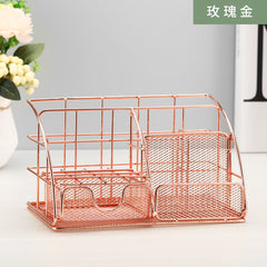 Yickyue New Rose Gold Desk Drawer Storage Box  Storage Magazine Rack with Pen Holder Handmade Metal File Office Organizer Paper Tray