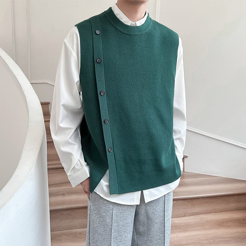 Hearujoy Asymmetric Design Men's knitted Vest Spring and Autumn Sleeveless O-neck Sweater Coat Korean Fashion Tank Tops Male Waistcoat