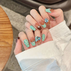 YICKYUE  -  10pcs Handmade Fake Nails French Green Wave Point With Rhinestone Artificial Nails Full Cover Press On Nail Short Ballet