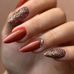 YICKYUE  -  Sexy Leopard Print Glossy Red Brown Halo Dyeing Star Almond Shape Fake Nail Tip INS Detachable False Art Nail Press on Nail Glue