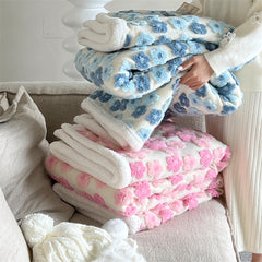 YICKYUE  -  Autumn and Winter Warm Lamb Fleece Blanket Ins Stereoscopic Sakura Jacquard Wool Blanket Modern Simple Casual Sofa Blanket