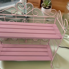 YICKYUE  1pc Pink 2-Tier Foldable Metal & Wood Storage Rack ¨C Elegant Countop Organizer for Bedroom, Kitchen, Bathroom, Living Room, or Garden Decor, Living Room Storage, Utility Racks