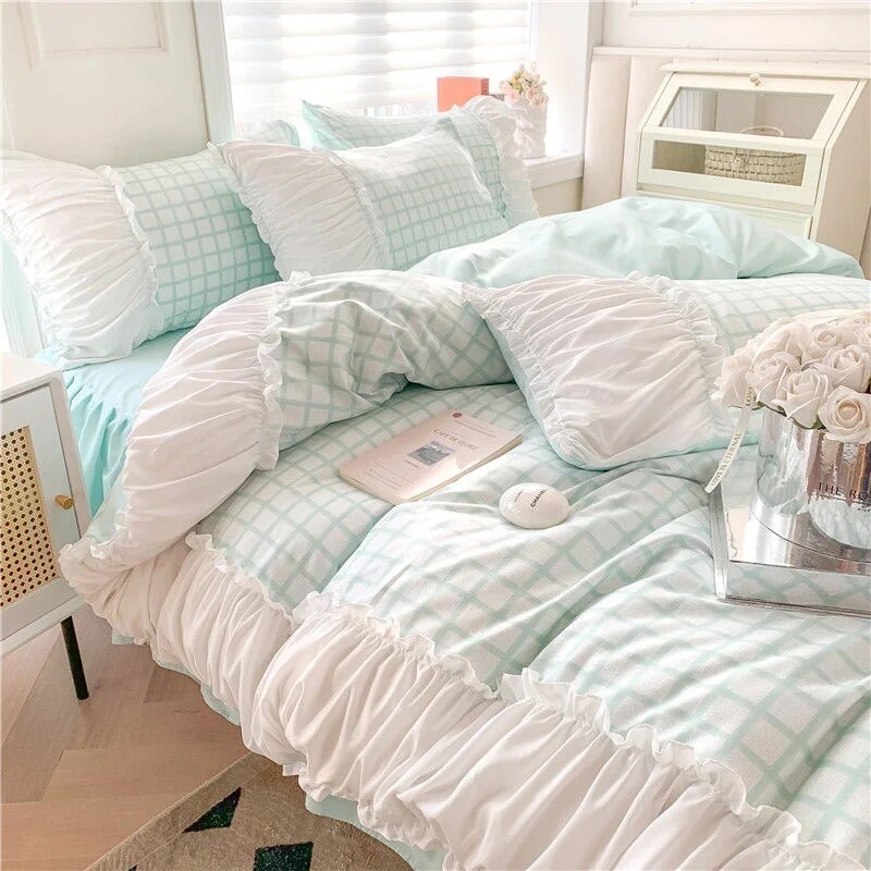 Yickyue Korean Style Princess Bedding Set Luxury Pink Lattice Duvet Cover Ruffles Lace Bedspread Bed Sheet Pillowcases