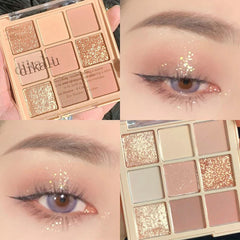Yickyue 9 Colors Nude Shimmer Eyeshadow Pallete Waterproof Glitter Matte Eyeshadow Long Lasting Pigment Shiny Eyeshadow Makeup Palette