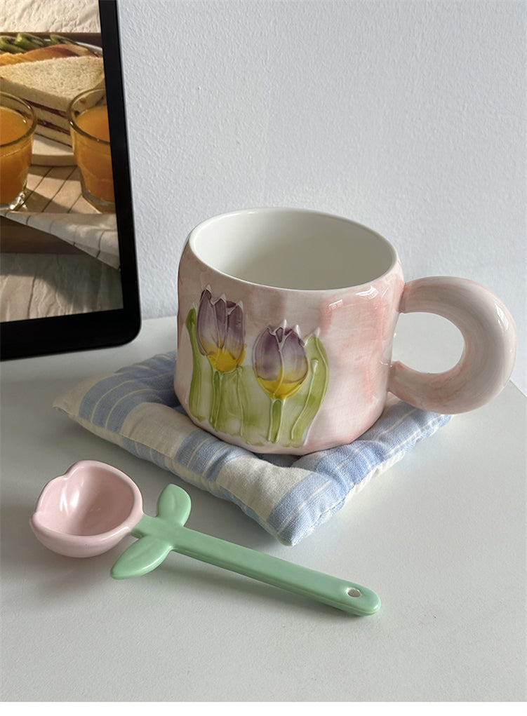 YICKYUE  -  Korean Style Fresh Ins Tulip Flower Ceramic Cup Underglaze Color Craft Coffee Mug with Spoon Milk Cup Simple Hand Gift Cup