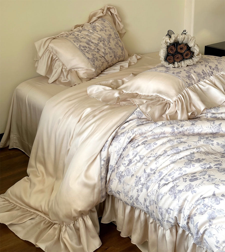 Yickyue -  fairyfair ruffled pastoral flower beding set,elegant full queen king home textile flat sheet pillowcase duvet cover