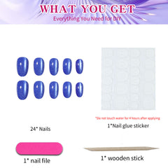 YICKYUE  -  24pcs short oval fake nails, aquamarine blasheite cat eye design fake nails, full cover fake nails, press fake nails, suitable f