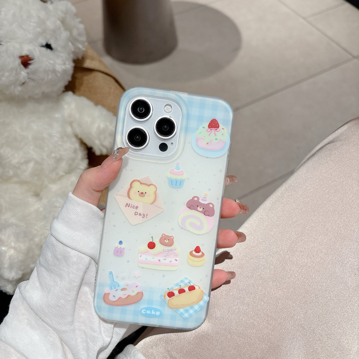 YICKYUE  -  Korean ins Cute Cartoon Cherry Cake Dessert Bear Phone Case for iPhone 16 15 14 13 Pro Max Back Cover Fund