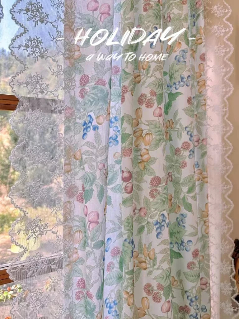 YICKYUE  -  Retro Princess Room Window Curtain Cloth Fabric with Enbroidery Lace American Pastoral Short Curtain for Kitchen Living Room