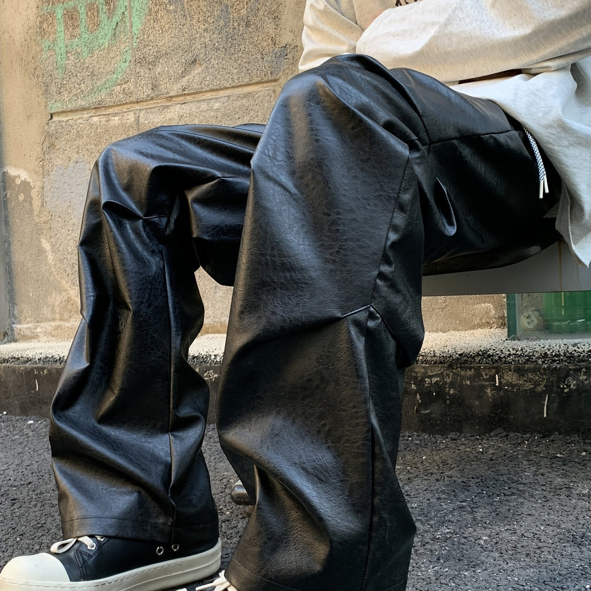 Hearujoy 1pc Men'S Street Style Solid Color PU Leather Pants, Casual Loose Fit Straight Leg, Non-Stretch Woven Polyester, All-Season Fashion Trousers