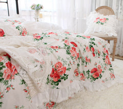 Yickyue Pastoral Red Rose Print Bedding Set Cotton Korean Style Ruffle Elegant Princess Lace Duvet Cover Bed Skirt Bedspread Pillowcases
