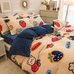 Thick Warm Coral Fleece 4pcs Bedding Set Cute Printing Quilt Cover Super Soft Velvet Bed Sheet Pillowcase King Size Bedding Set