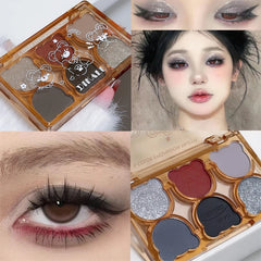 YICKYUE  -  Cartoon Bears Pearlescent Glitter Eyeshadow Palette Matte Velvet Shimmer Smoky Red Eye Shadow Waterproof Korean Contour Makeup