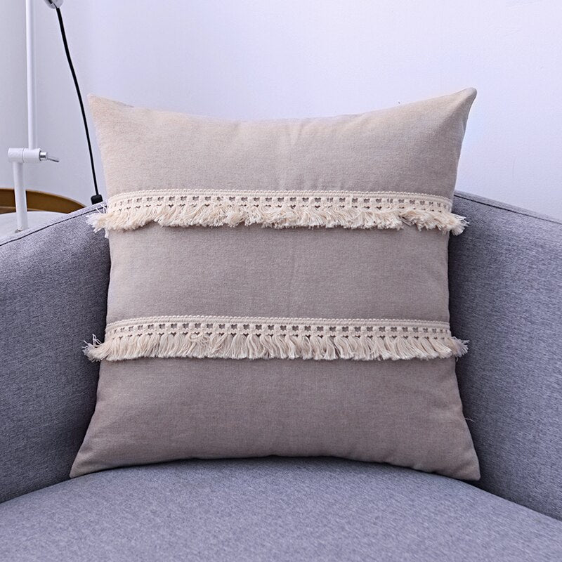 J Cotton Linen Cushion Cover 30x50cm/45x45cm Pillow Cover Beige Grey Blue Yellow Boho Style Tassles for Sofa BedHome Decorative