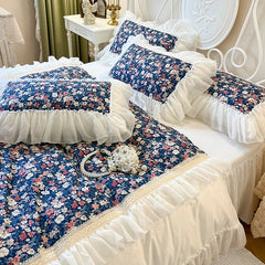 YICKYUE  -  100% Cotton Chiffon Lace Princess Bedding Set Korean Style Floral Printed Duvet Cover Bedspresd Bed skirt Pillowcases