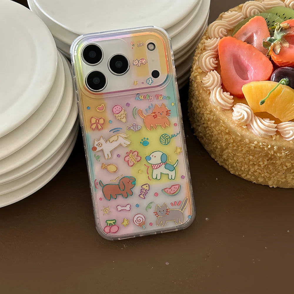 Cute Animal Green Grid Pattern Cartoon Laser Glitter Phone Case for iPhone 13 14 16 15 17 Pro 17ProMax Shockproof Clear Cover