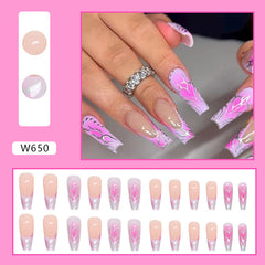 YICKYUE  -  Punk Silver Line Symbol French Blush Halo Dye Love Long Ballet Nail Full Finished False Fake Art Nail Glue Manicure Charm Woman