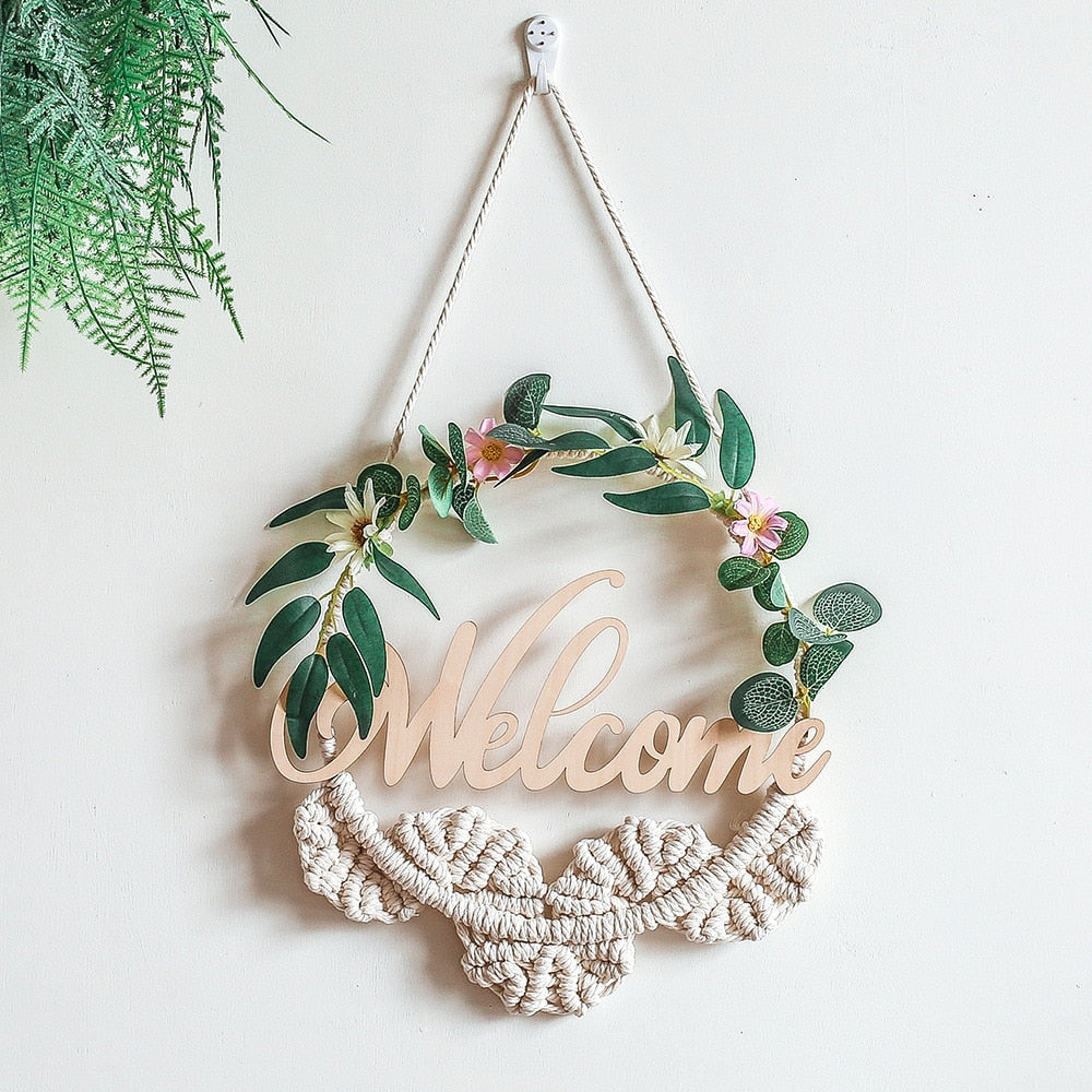 Artificial Flower Macrame Welcome Door Sign Macrame Wall Hanging  Farmhouse Wreath Boho Home Decor  Wedding Backdrop Christmas