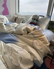 Yickyue -  Lovely cartoon rabbit heart blue bedding set,twin full queen cute sweet cotton home textile bed sheet pillow case quilt cover