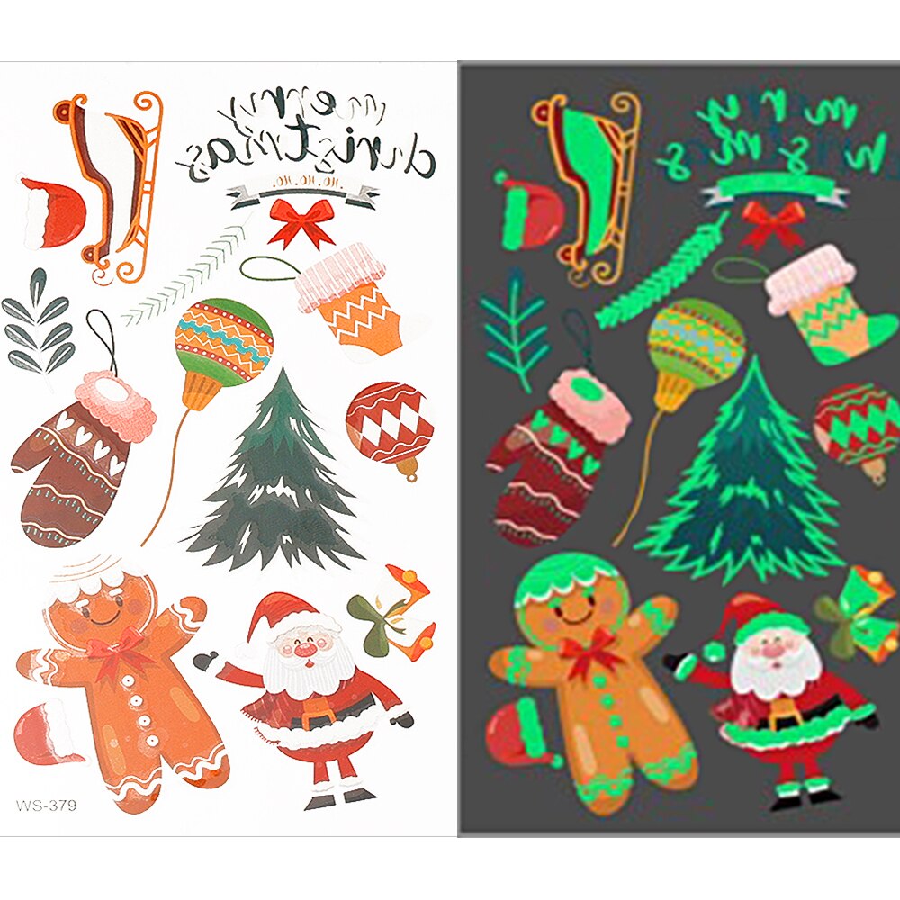 Yickyue Cartoon Christmas Temporary Tattoo Stickers Animal Santa Claus Snowman Christmas Tree Kids Arm Face Luminous Stickers Decoration