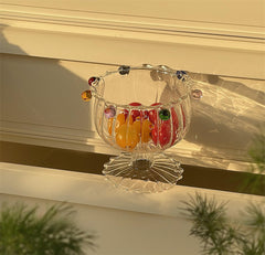 YICKYUE  -  Creative Colored Glass Ball Design, Striped Tall Glass, Korean Style, Fresh Yogurt Fruit Bowl, Crown Simple Pudding Salad Bowl
