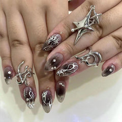 YICKYUE  -  24pcs Cool y2k Style False Nails Fashion Sliver Flame Pattern Press on Nail Patch Full Finished Wearable Artificial Nail Tips