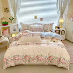 YICKYUE  -  Elegant Floral Cotton Duvet Cover Set Watercolor Flowers Striped Pattern Comforter Covers 3 Pieces Soft Breathable Bedding Sets