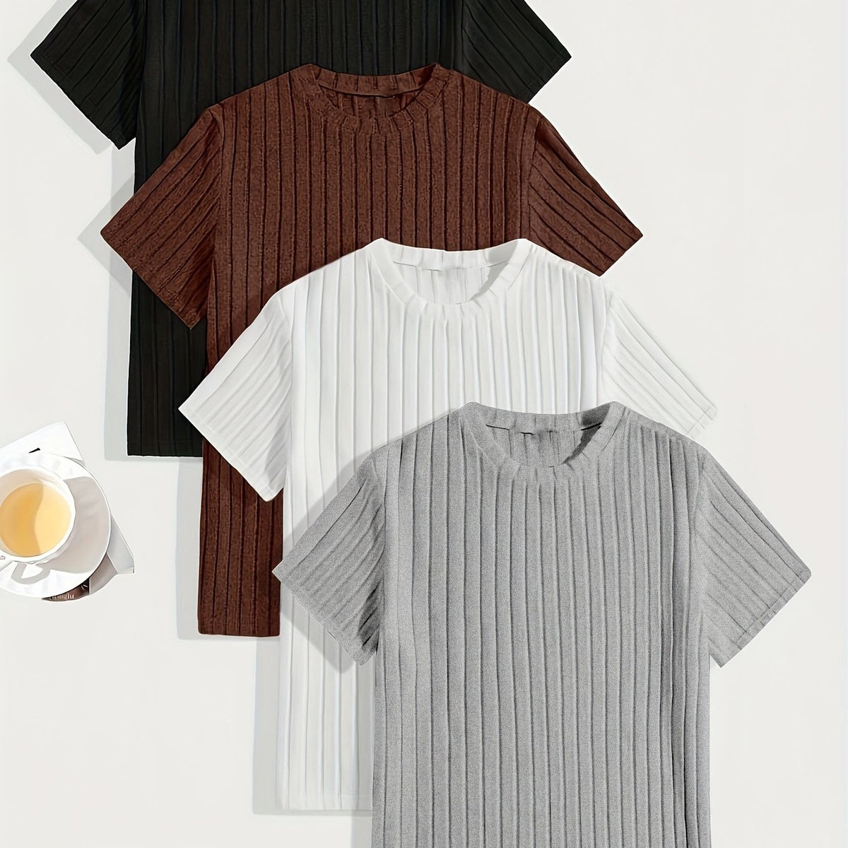 HEARUJOY  -  Men's 4pcs Casual T-Shirts - Ribbed, Multi-Color, Stretchy Polyester & Elastane Blend for Everyday Comfort