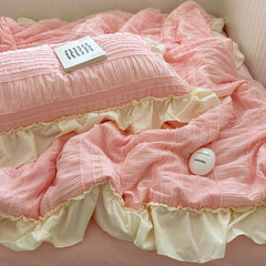 YICKYUE  -  1/3Pc Pink Korean Style Princess Lace Ruffle Soft Brushed Seersucker Summer Quilt Single Double Quilted Summer Comforter Blanket