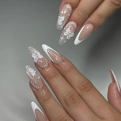 YICKYUE  -  White Ballet French Wea Gold Lava Water Ripple Nail Art Almond Shape False Nails Detachable Finished Fake Nails Press on Nails