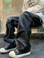 Hearujoy 1pc Men'S Street Style Solid Color PU Leather Pants, Casual Loose Fit Straight Leg, Non-Stretch Woven Polyester, All-Season Fashion Trousers