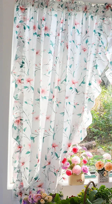 YICKYUE  -  Romance Retro White Plant Tulle Flounced Lace Printed Volie Sheer Window Curtains for Living Room Bedroom Kitchen Door Decor