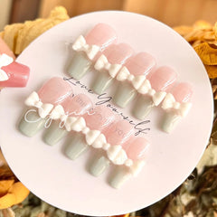 Yickyue Removable Milk Green French Style Bow False Nail Patch Handmade Wearable Nail Art Nail 10 Piece Finished Set  Nail Accessories
